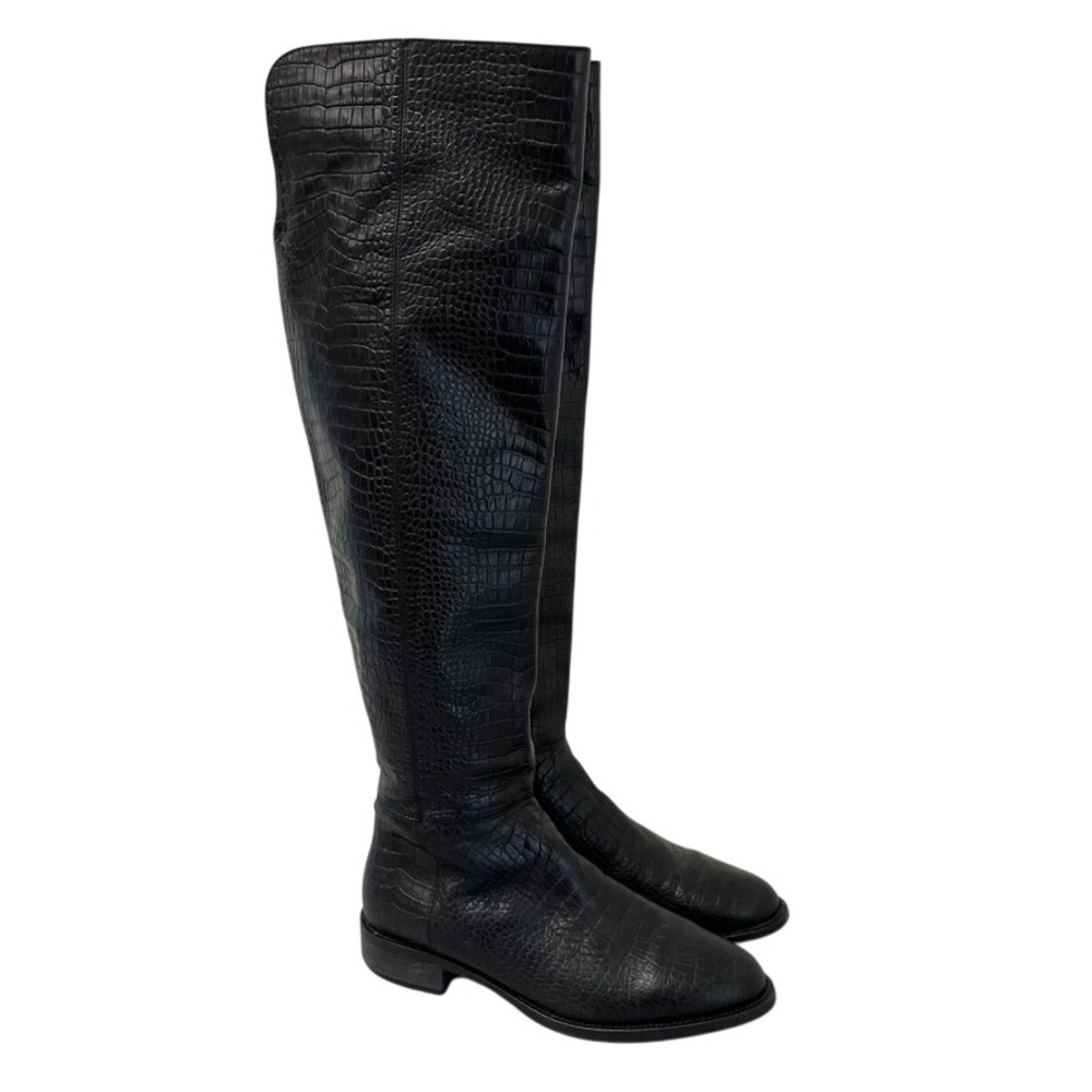Aquatalia Over the Knee Boots Womens 9.5 Black Croc Embossed Leather Flat Edgy